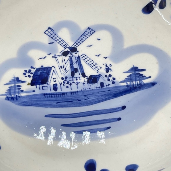 Vintage Delfts Blue by Holland Footed Scalloped Edge Bowl Dutch Windmill 3” Tall - Picture 4 of 11